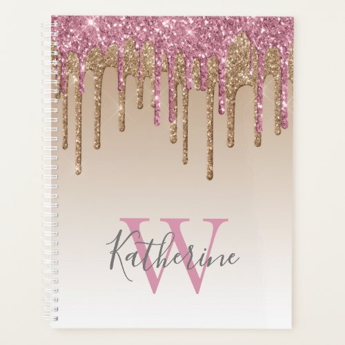 Rose Gold Glitter Drips Ombre Monogram 2024 Planner