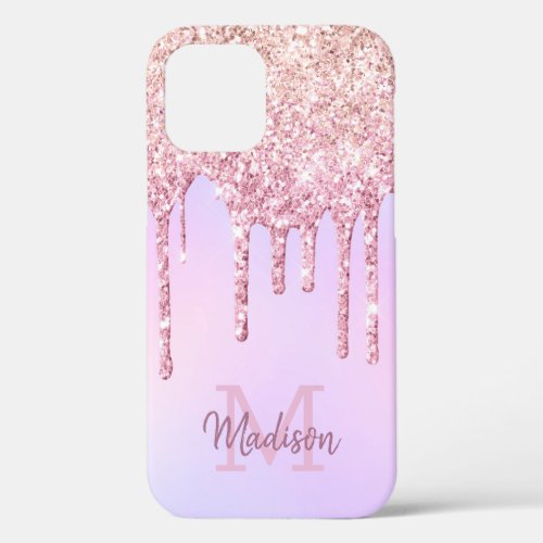 Rose Gold Glitter Drips Ombre Unicorn Monogrammed iPhone 12 Case