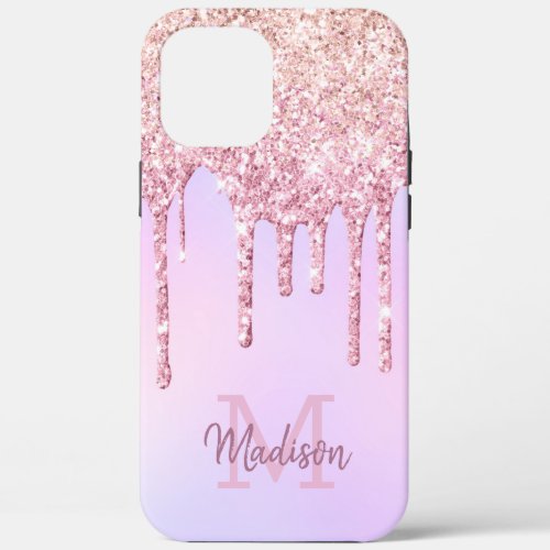 Rose Gold Glitter Drips Ombre Unicorn Monogrammed iPhone 12 Pro Max Case