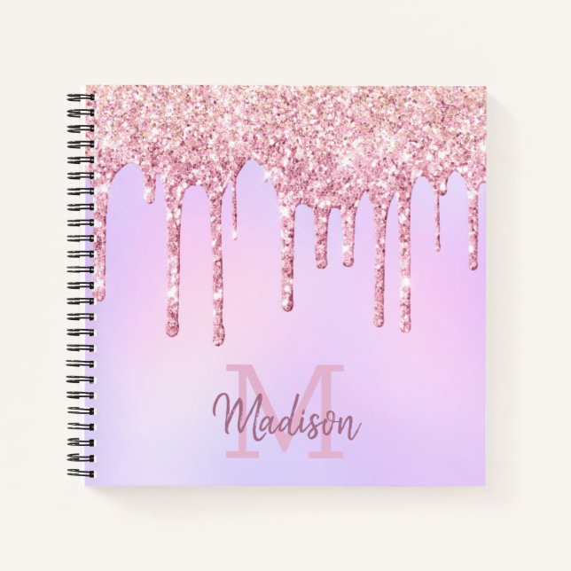 Rose Gold Glitter Drips Ombre Unicorn Monogrammed Notebook (Front)