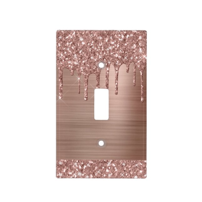 Rose Gold Glitter Drips on Pink Metal Light Switch Cover (Front)