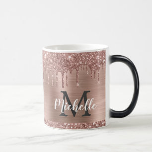 Rose Gold Glitter Drips on Pink Metal Monogram Color Morph Mug