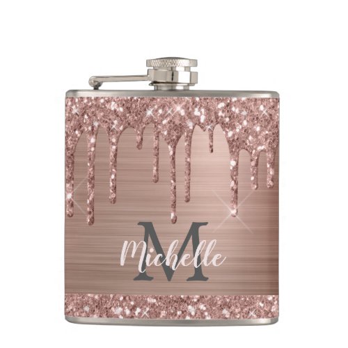 Rose Gold Glitter Drips on Pink Metal Monogrammed Flask