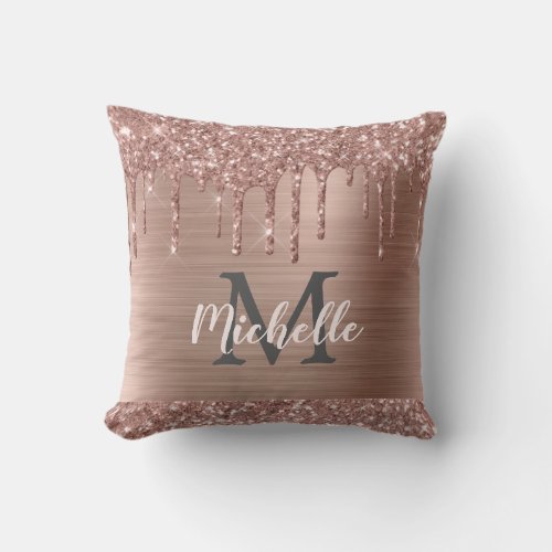 Rose Gold Glitter Drips on Pink Metal Monogrammed Throw Pillow