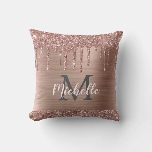 Rose Gold Glitter Drips on Pink Metal Monogrammed Throw Pillow (Front)