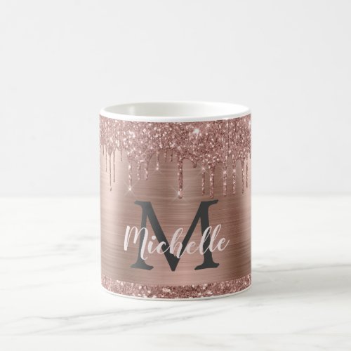 Rose Gold Glitter Drips on Pink Metal Name Coffee Mug