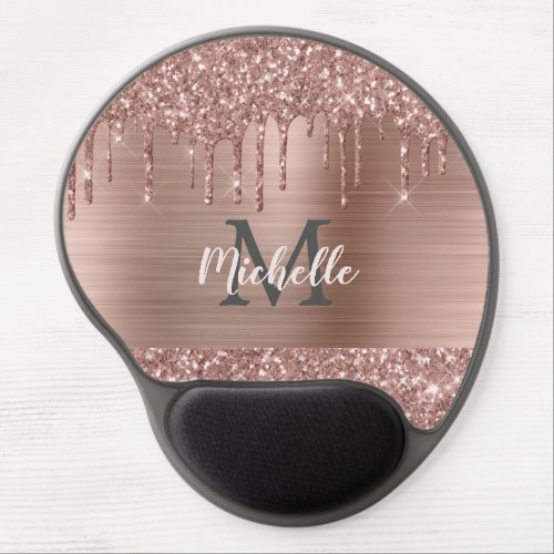 Rose Gold Glitter Drips on Pink Metal Name Gel Mouse Pad