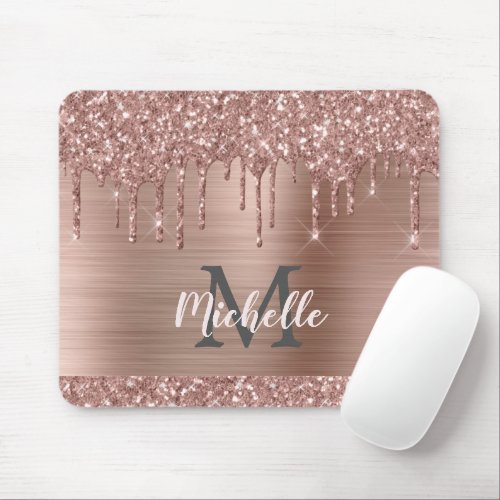Rose Gold Glitter Drips on Pink Metal Name Mouse Pad