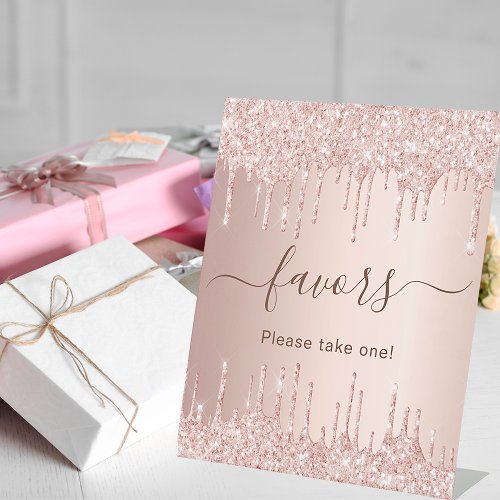 Rose gold glitter drips party favors pedestal sign