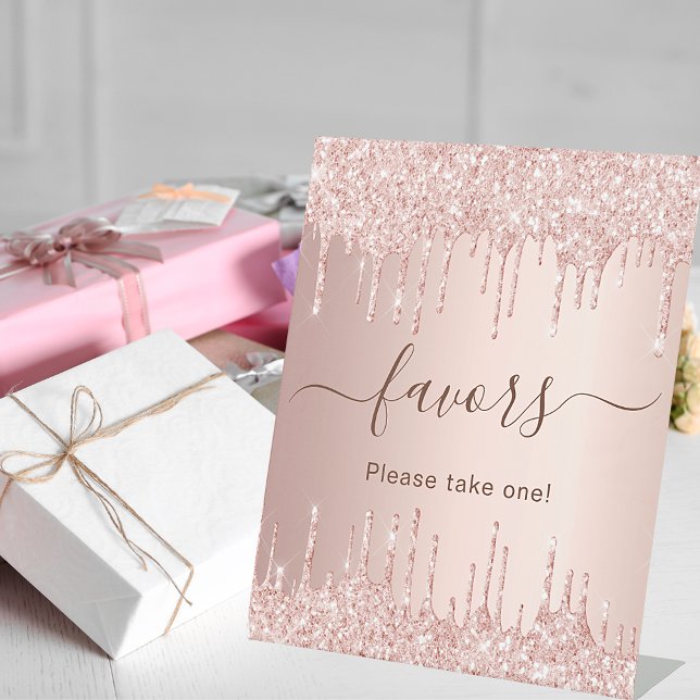 Rose gold glitter drips party favors pedestal sign (Creator Uploaded)