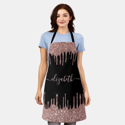 Rose Gold Glitter Drips Personalized Black Apron