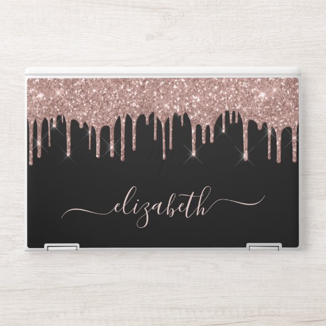 Rose Gold Glitter Drips Personalized Black HP Laptop Skin (Front)