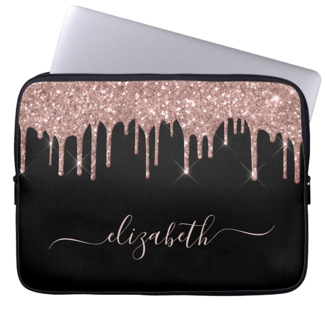 Rose Gold Glitter Drips Personalized Black Laptop Sleeve (Front)