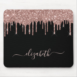Rose Gold Glitter Drips Personalized Black Mouse Pad