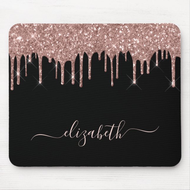 Rose Gold Glitter Drips Personalized Black Mouse Pad (Front)