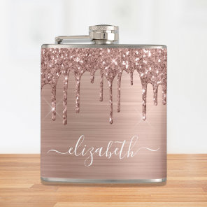Rose Gold Glitter Drips Personalized Flask