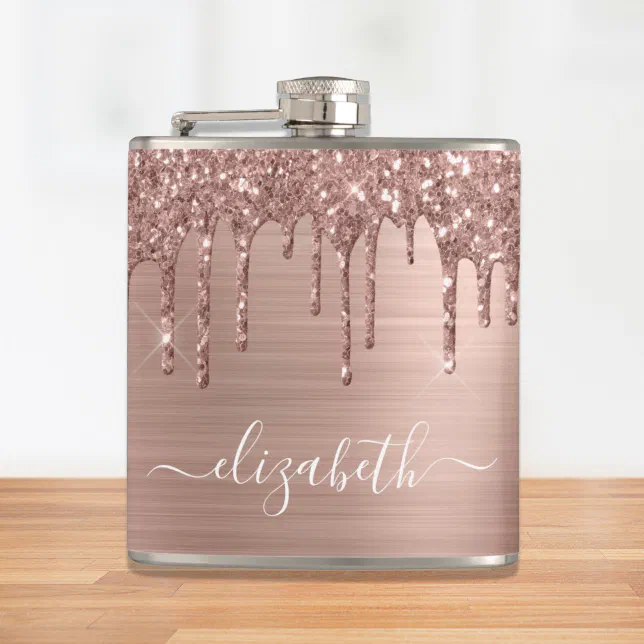 Rose Gold Glitter Drips Personalized Flask Zazzle 0906