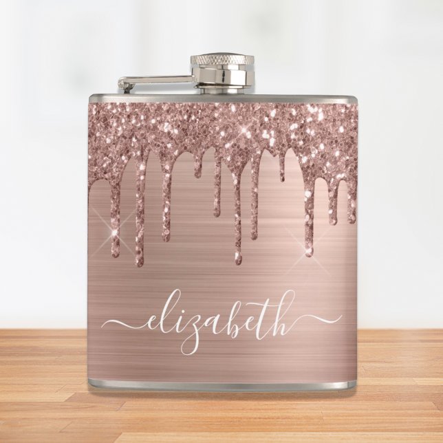 Rose Gold Glitter Drips Personalized Flask (Creator Uploaded)