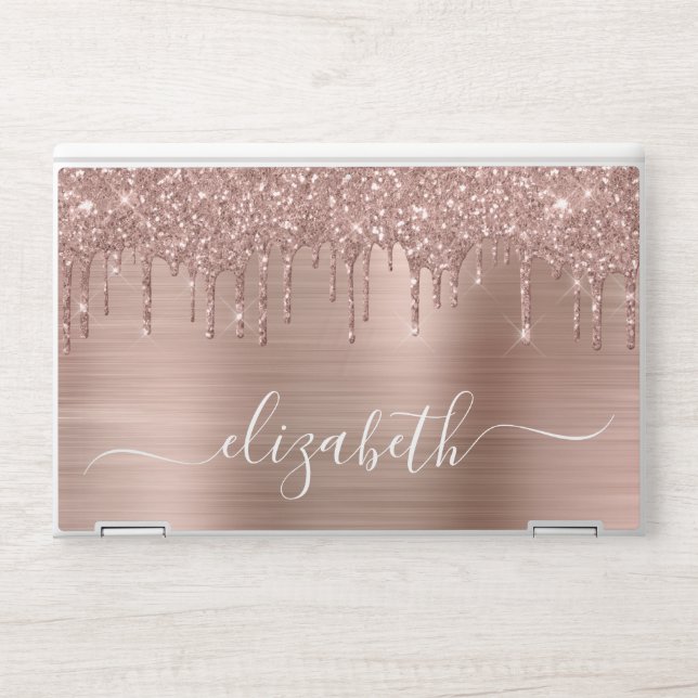 Rose Gold Glitter Drips Personalized HP Laptop Skin (Front)