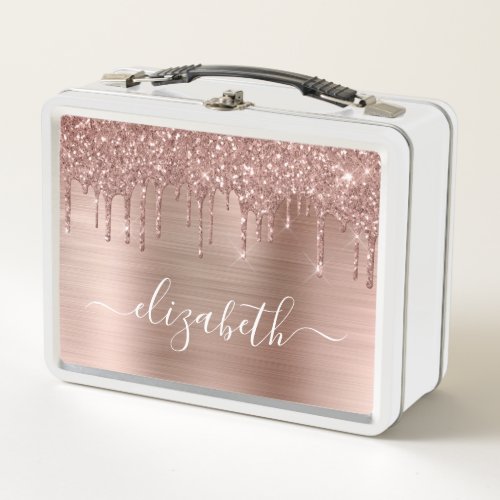 Rose Gold Glitter Drips Personalized Metal Lunch Box