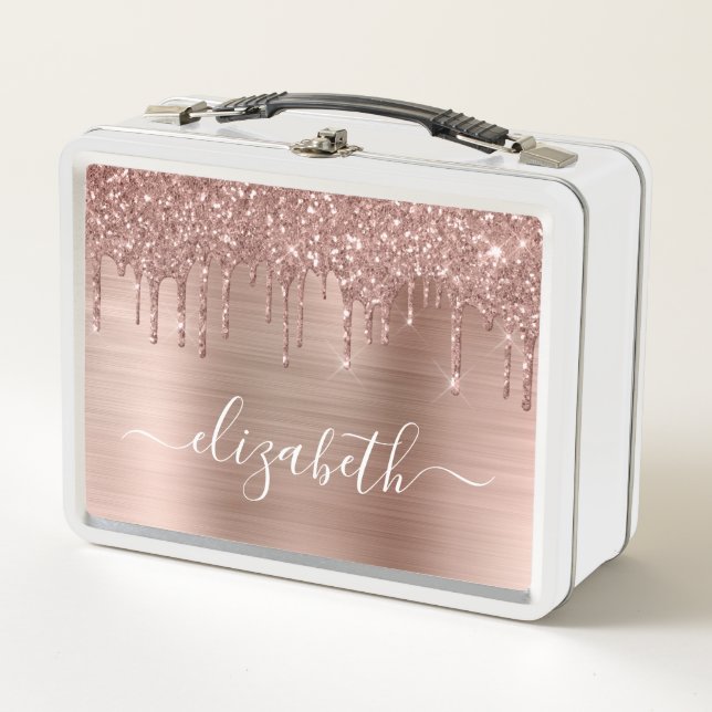 Rose Gold Glitter Drips Personalized Metal Lunch Box (Front)