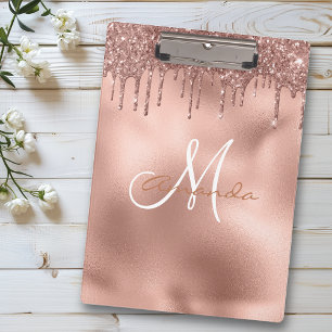 Rose Gold Glitter Drips Personalized Monogram Clipboard