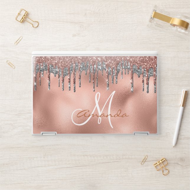 Rose Gold Glitter Drips Personalized Monogram HP Laptop Skin (Desk)