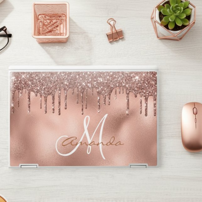 Rose Gold Glitter Drips Personalized Monogram HP Laptop Skin (Creator Uploaded)