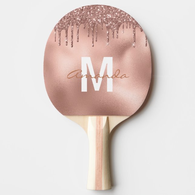 Rose Gold Glitter Drips Personalized Monogram Ping Pong Paddle (Front)