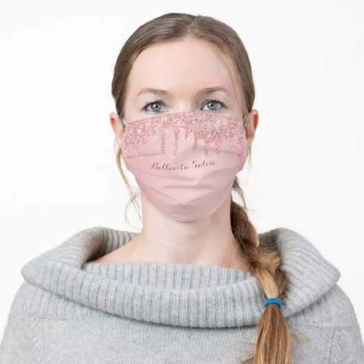 Rose Gold Glitter Drips Personalized Salon Adult Cloth Face Mask (Worn)