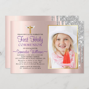 Rose Gold Glitter Drips Photo First Communion Invitation