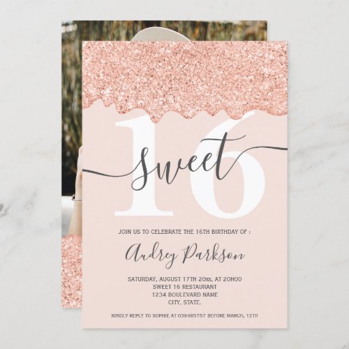 Rose gold glitter drips photo pastel pink Sweet 16 Invitation