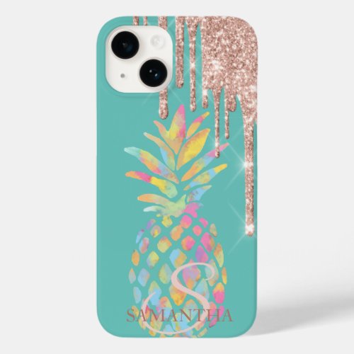 Rose Gold Glitter Drips Pineapple Mint Green Case_Mate iPhone 14 Case