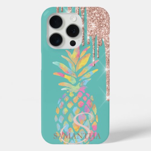 Rose Gold Glitter Drips Pineapple Mint Green iPhone 15 Pro Case