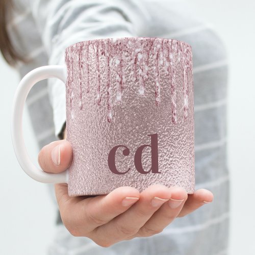 Rose gold glitter drips pink custom monogram coffee mug