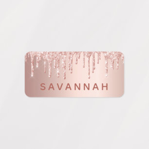 Rose gold glitter drips pink custom monogram name labels