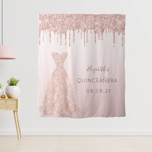 Rose gold glitter drips pink dress Quinceanera Tapestry