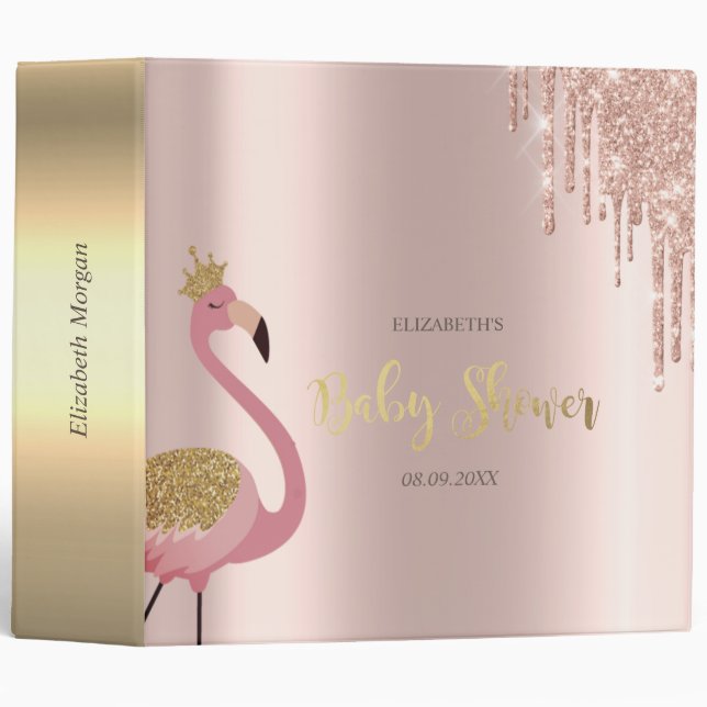 Rose Gold Glitter Drips Pink Flamingo Baby Shower  3 Ring Binder (Front/Spine)