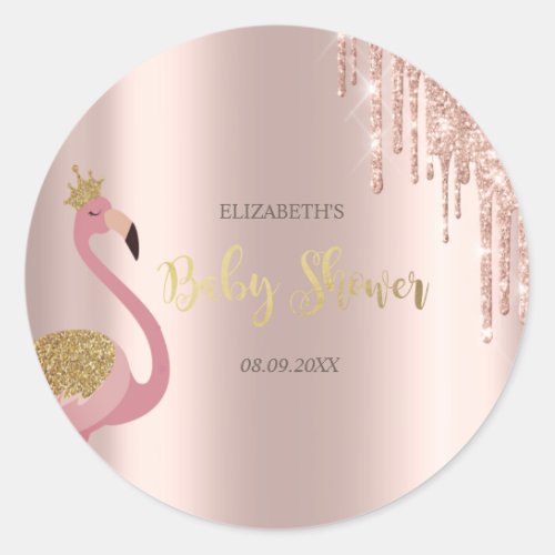 Rose Gold Glitter Drips Pink Flamingo Baby Shower Classic Round Sticker
