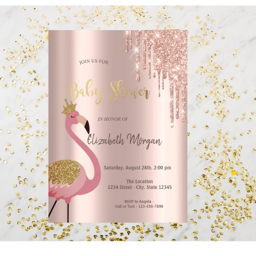 Rose Gold Glitter Drips Pink Flamingo Baby Shower Invitation