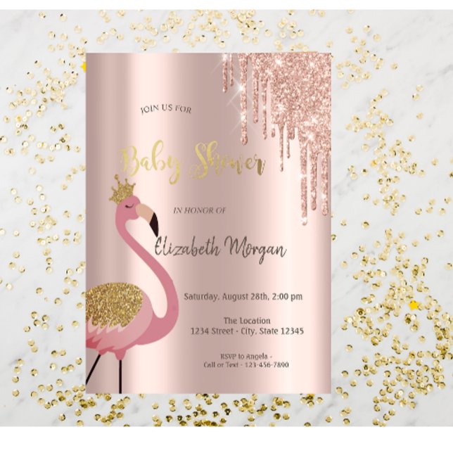 Rose Gold Glitter Drips Pink Flamingo Baby Shower Invitation (Creator Uploaded)
