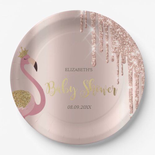 Rose Gold Glitter Drips Pink Flamingo Baby Shower  Paper Plates