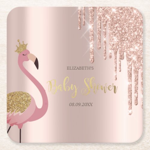 Rose Gold Glitter Drips Pink Flamingo Baby Shower  Square Paper Coaster