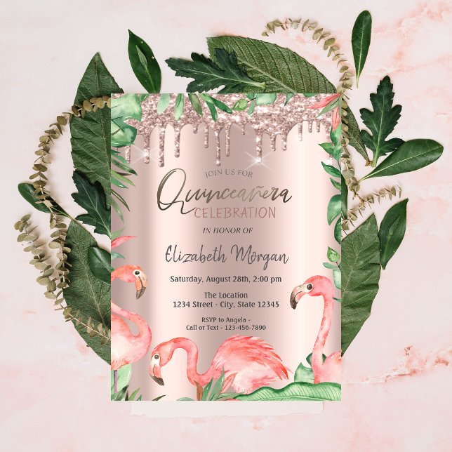Rose Gold Glitter Drips Pink Flamingos Quinceañera Invitation (Creator Uploaded)