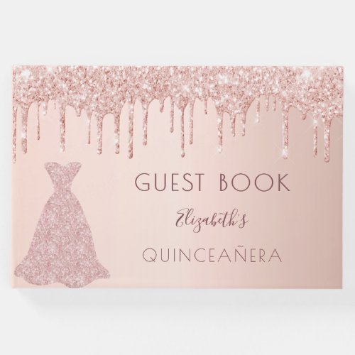 Rose gold glitter drips pink gown Quinceanera Guest Book