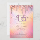 Rose gold Glitter Drips Pink Holographic Sweet 16 Invitation (Front)