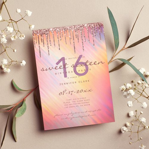 Rose gold Glitter Drips Pink Holographic Sweet 16 Invitation
