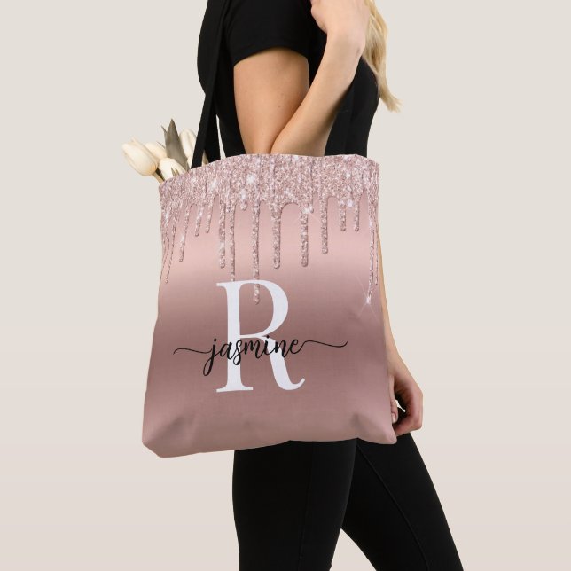 Rose Gold Glitter Drips Pink Metal Girly Monogram Tote Bag (Close Up)