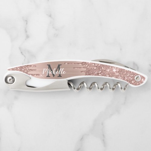 Rose Gold Glitter Drips Pink Metal Name Waiters Corkscrew