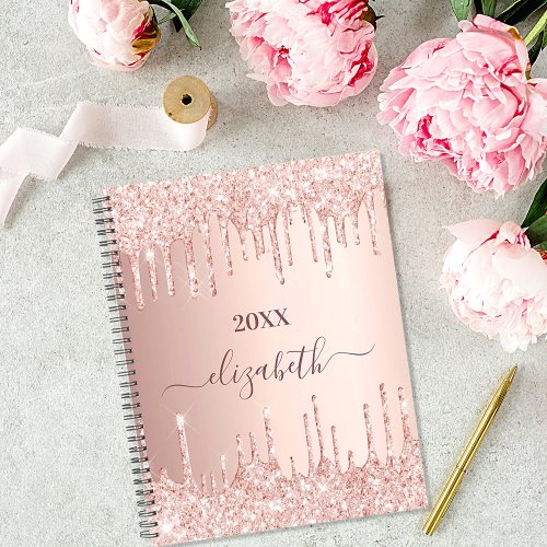 Rose gold glitter drips pink monogram 2025 planner